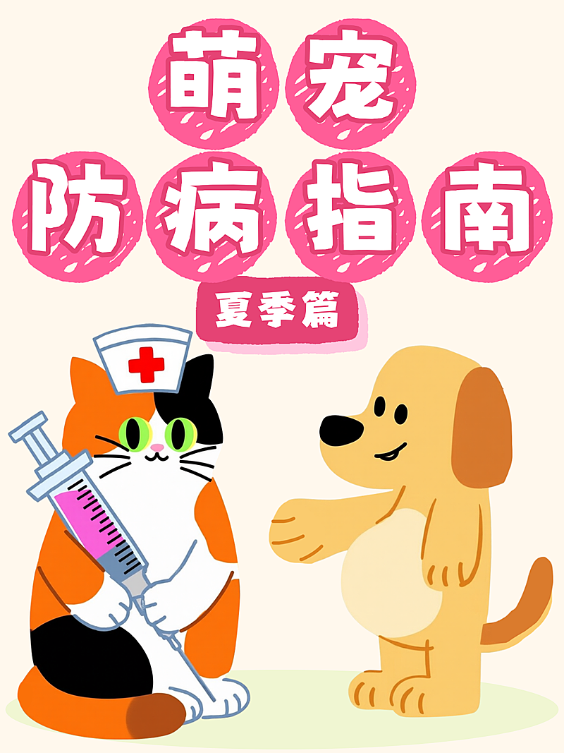 趣味嘎吧卡通插画夏季宠物防病指南知识科普小红书封面