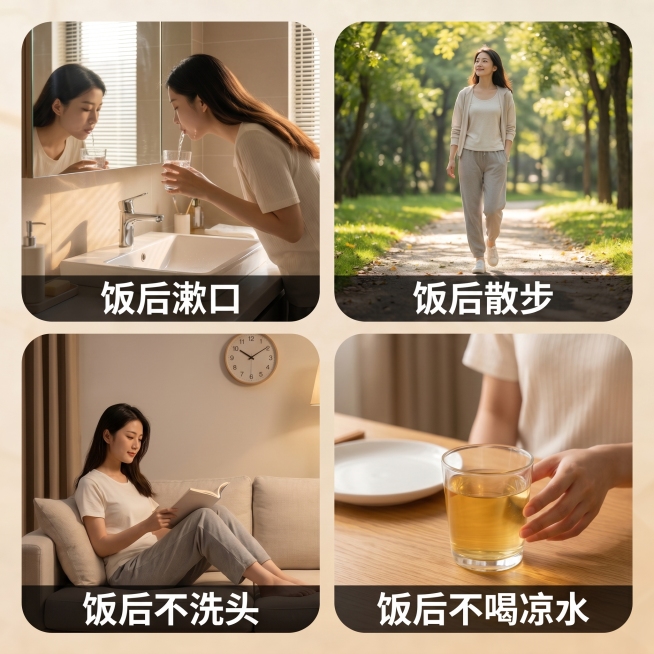 参考上传图片格式，生成女性饭后好习惯四格图，分2行2列四张图，每张配对应实景图，底部黑底白字文案：饭后漱口；饭后散步；饭后不洗头；饭后不喝凉水，保持温馨写实摄影风格，圆角卡片排版，字体颜色白字黑底保持预览效果