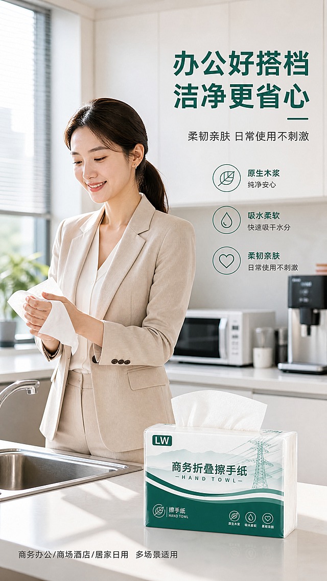 [详情页-5 人物使用场景] 目标：真人使用展示，增强代入感与真实感，体现商务办公场景适配。
[商品] 使用【图1】LW商务折叠擦手纸；保留包装外观与产品真实质感，擦手纸抽取状态自然。
[画面] 真人操作型。现代简约办公室茶水间场景，一位穿着职业装的亚洲女性（25-35岁，干净利落的职业形象）正在洗手台旁用LW擦手纸擦拭双手，动作自然流畅。擦手纸从擦手纸盒中抽出一张，手部刚完成擦拭动作，表情轻松。背景是简约的白色橱柜、微波炉、饮水机，光线从左侧窗户照入，明亮温馨。产品包装也摆放在台面上，清晰可见。
[视觉] 套系策略：风格=洁净商务品质感商业摄影；标题字=现代无衬线粗黑体；正文字=简洁无衬线黑体；主色=深墨绿+青绿；背景延展=基于青绿做深浅渐变、同色系层次、办公场景暖调延展；强调色=青绿，仅用于小面积图标、引线、数据高亮和标签；标题色=深墨绿；正文色=中灰；组件=圆角细线图标、简洁信息卡；光影=左侧自然光+室内补光，柔和自然，人物皮肤质感真实。
[文字] 右上区域主标题「办公好搭档 洁净更省心」，副标题「柔韧亲肤 日常使用不刺激」，底部小字标注「商务办公/商场酒店/居家日用 多场景适用」，文字横排，放在画面负空间，不遮挡人物与产品。
[规格] 比例9:16竖版，4K分辨率，避免变形、错字、文字过小、杂乱背景、水印、平台Logo、极限词、虚假宣传、人物面部扭曲、手部畸形。