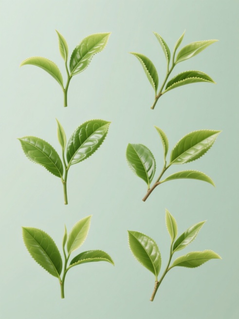 一系列6个高写实风格的茶叶素材集合，每个素材均为不同造型和角度的绿茶枝叶，保持叶片清晰的叶脉纹理、自然卷曲形态、边缘锯齿状细节以及枝干的纤细质感，统一采用纯色背景，整体变换为清新的嫩绿色调，所有素材规整排布，呈现出科学插图般的精确光影和细腻的半透明质感，确保视觉上的一致性与系列感。预览效果