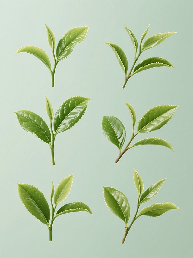 一系列6个高写实风格的茶叶素材集合，每个素材均为不同造型和角度的绿茶枝叶，保持叶片清晰的叶脉纹理、自然卷曲形态、边缘锯齿状细节以及枝干的纤细质感，统一采用纯色背景，整体变换为清新的嫩绿色调，所有素材规整排布，呈现出科学插图般的精确光影和细腻的半透明质感，确保视觉上的一致性与系列感。