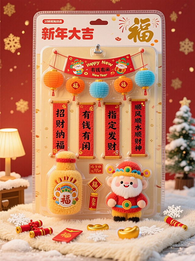 将图示商品变成毛绒绒质感，瓶身有精致刺绣文字与图案，还原商品颜色细节。放在米白色毛绒毯上（点缀雪花装饰），背景为台灯、积雪圣诞树摆件。