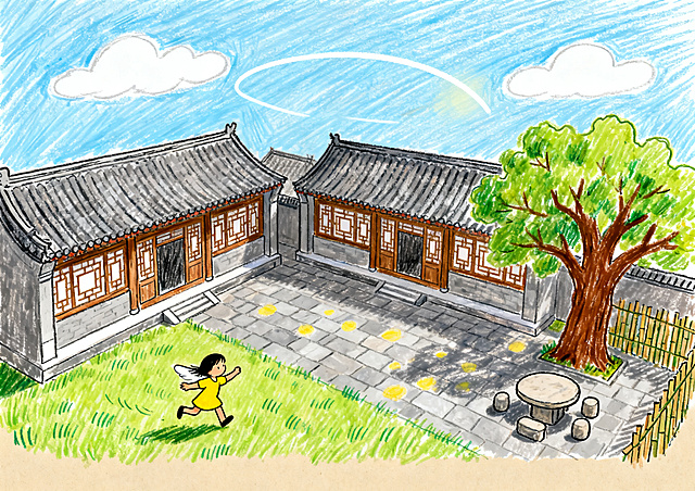 彩铅+蜡笔手绘风格，粗质纸面纹理，高饱和明亮色彩，中国非遗主题，无3D，无水彩。大全景，高角度俯视。古风四合院庭院，灰色石板铺地，青瓦屋檐，木格窗棂。草地占画面下三分之一，翠绿色点彩+短弧线；天空占画面上三分之二，浅蓝色蜡笔轻柔排线，飘着几朵白色云团（白色弧线）。小女孩阿瑶在草地上奔跑，人物占画面约九分之一，很小，只有黄豆大小。她双臂张开，作飞翔状。庭院角落有老槐树（棕色树干+绿色树冠），石桌石凳，竹篱笆。阳光明媚，淡黄色光斑稀疏点彩。整体自由、童真。底部留白五分之一（纯米茶色底，不包含草地）。A3横板