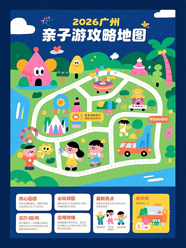2026带娃必冲！广州长隆亲子游天花板攻略，熊猫三胞胎+亲子过山车嗨玩不停

自驾看长颈鹿漫步、和熊猫三胞胎贴贴，再打卡亲子版过山车，白天逛动物、晚上看烟花，全程不费妈不费娃，这篇2026最新攻略赶紧码住！💥

🌟 核心园区1：野生动物世界——沉浸式解锁动物奇遇记
✅ 必玩体验：自驾穿越五大洲草原
🔥 2026最新亮点：动物幼儿园新添“萌物新星”！
🌟 核心园区2：欢乐世界——刺激与亲子兼顾的欢乐星球
✅ 亲子必冲项目：飓风飞椅、魔力秋千、星际战舰三大新项目一定要玩！
🔥 爸妈专属刺激：垂直过山车、超级大摆锤经典项目必打卡！
🌟 夜间限定惊喜：1月期间每周五六日有飘雪主题街区！
🌟 周边园区速览：解锁更多亲子乐趣
长隆国际大马戏：2026马年新春特别版演出超精彩！
飞鸟乐园：可以带娃投喂火烈鸟、看朱鹮放飞，园区内的“鸟类科普馆”有互动体验区
水上乐园：冬季开放室内恒温区域，有专门的儿童水寨、迷你滑道，带娃玩水不怕着凉

📝 2026最新实用攻略（必看！）
1. 门票政策（权威来源：广州本地宝）

儿童优惠：3周岁以下或身高1米以下免费；3-12周岁或1-1.5米身高享优惠票；65周岁以上长者、残疾人也可享优惠。建议提前在官方平台购买家庭套票，比单独购票更划算，部分套票还赠送大马戏折扣券。

2. 交通指南（权威来源：广州本地宝）

园区内有免费穿梭巴士，路线覆盖地铁广场、各园区门口和酒店，8:50-19:30每10分钟一班，19:40-22:00每15分钟一班，带娃不用暴走。自驾家庭注意：野生动物世界自驾区需单独购买自驾车票，单向通行，可随时停车拍照。

3. 住宿推荐

优先选长隆旗下亲子酒店：熊猫酒店主题感拉满，房间有卡通布置，出门就是野生动物世界；长颈鹿城堡酒店有专属亲鹿平台，能投喂长颈鹿，主题餐厅还有卡卡虎互动合影，小朋友绝对喜欢。酒店住客可享园区快速通道，错峰游玩不排队。

4. 餐饮建议

园区内有多个亲子友好餐厅，提供儿童套餐（搭配卡通造型，宝宝更爱吃饭）。推荐长颈鹿城堡酒店的自助餐，超大落地窗能边吃边看长颈鹿，菜品丰富还能满足宝宝口味。

请根据上面的旅游攻略，生成精美的旅游攻略导图，不得有错别字，不得有非文字符号，必须要正确的准确的文字。