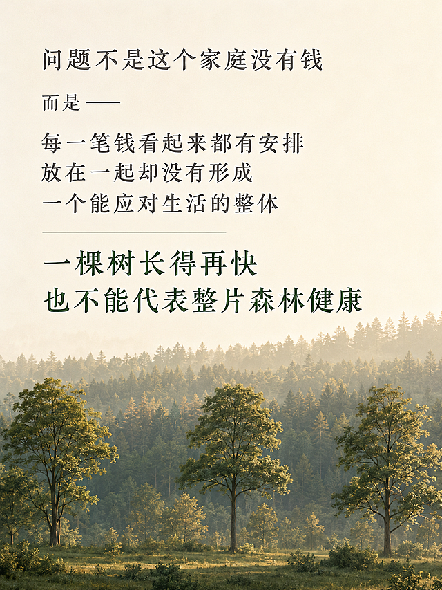 竖版3:4图文海报，成熟克制温暖安静沉稳风格，灰绿墨绿和柔和暖光色调，米白暖灰浅木色低饱和墨绿色配色系统。字体清晰端正有书卷感，标题正文层级统一，正文深灰色，重点句墨绿色。排版简洁留白充足。

画面：不出现人物。近处是几棵分别生长良好但彼此分散的树，远处逐渐形成层次完整相互支撑的森林。不是荒凉破败，表现单棵树与整片森林的区别。柔和暖光，安静沉稳。

文字排版（核心文字清晰醒目，不遮住森林主体）：
问题不是这个家庭没有钱

而是——

每一笔钱看起来都有安排
放在一起却没有形成
一个能应对生活的整体

墨绿色重点句：一棵树长得再快
也不能代表整片森林健康

禁止钞票金币银行卡K线收益箭头豪车豪宅哭泣人物医院病床保险广告元素无关英文和平台水印。