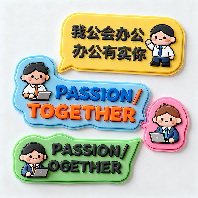 office culture wall, 3D acrylic/foam characters, irregular geometric speech bubble layout, modern minimalist style, cartoon flat illustration, cute Q-version office worker characters, positive energy inspirational slogans, short and powerful copywriting, mixed Chinese and English text (such as PASSION/TOGETHER), bold and eye-catching fonts, bright and high-saturation color matching (optional yellow/blue/orange/green/pink and other vibrant color combinations), high contrast, flat display image, clean white background, clear texture, clean and tidy composition, no redundant elements, warm and healing atmosphere