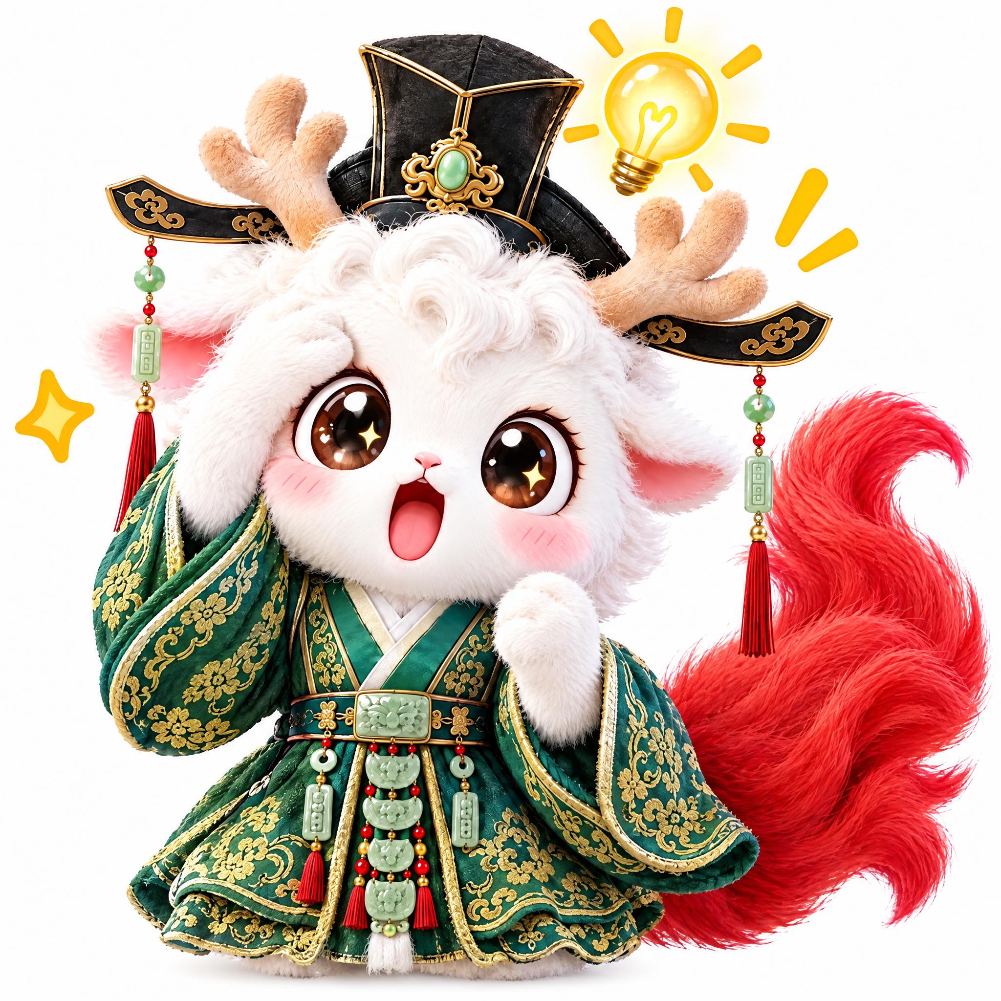 参考图中的白色小鹿小神兽（鹿角、白色毛绒、粉色耳朵、红色大尾巴… - 图片创意预览