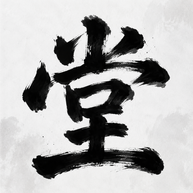 汉字"堂"，苍劲有力黑白毛笔书法字体，参考之前抽象笔触风格预览效果