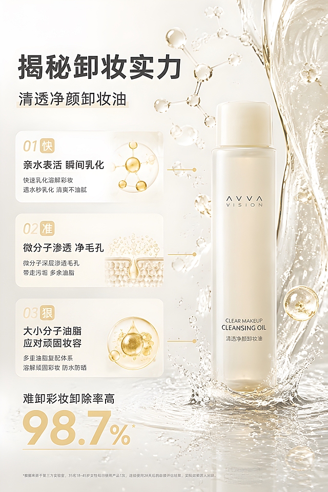 [商品] 使用【图1】清透净颜卸妆油；保留瓶型、瓶盖、瓶身比例、标签版式、品牌logo「ΛVVA VISION」、瓶身文字「CLEAR MAKEUP CLEANSING OIL 清透净颜卸妆油」、浅米黄色半透明瓶身材质与正面朝向；产品位于画面右侧，占画面约40%。
[画面] 页面目标：成分与功效理由，三大卸妆实力拆解。左文右图布局，左侧为三大卖点编号列表，右侧产品立于透明水面/水流中，右侧有流动水幕与乳化气泡效果，水面有水滴飞溅；背景浅灰白渐变；分子结构、气泡等元素放大占画面主视觉区域，体现渗透与乳化机理。
[视觉] 套系策略：风格=高级简约清新风商业产品摄影；标题字=现代简约无衬线粗体；正文字=简洁无衬线体；主色=浅米白+浅灰；背景延展=浅灰白渐变、柔和雾面质感、同色系深浅层级；强调色=浅米黄色+淡金色，仅用于小面积标签、图标、油液装饰和引线；标题色=深炭灰；正文色=中暖灰；组件=浅米黄色圆角标签框、细线引线、圆角信息卡；光影=柔和均匀柔光+伦勃朗光影，侧前方主光，通透干净。
[文字] 左上主标题「揭秘卸妆实力」，副标题「清透净颜卸妆油」；左侧三条编号卖点：(快)亲水表活 瞬间乳化；(准)微分子渗透 净毛孔；(狠)大小分子油脂 应对顽固妆容；底部大号数据文字「难卸彩妆卸除率高」+ 浅米黄色高亮数字强调。文字全部横向排版，层级分明，不遮挡产品主体。
[规格] 图片比例2:3竖版，4K，负向提示：避免产品变形、文字错字、文字竖排、医疗功效承诺、绝对化用语、水印、平台logo。