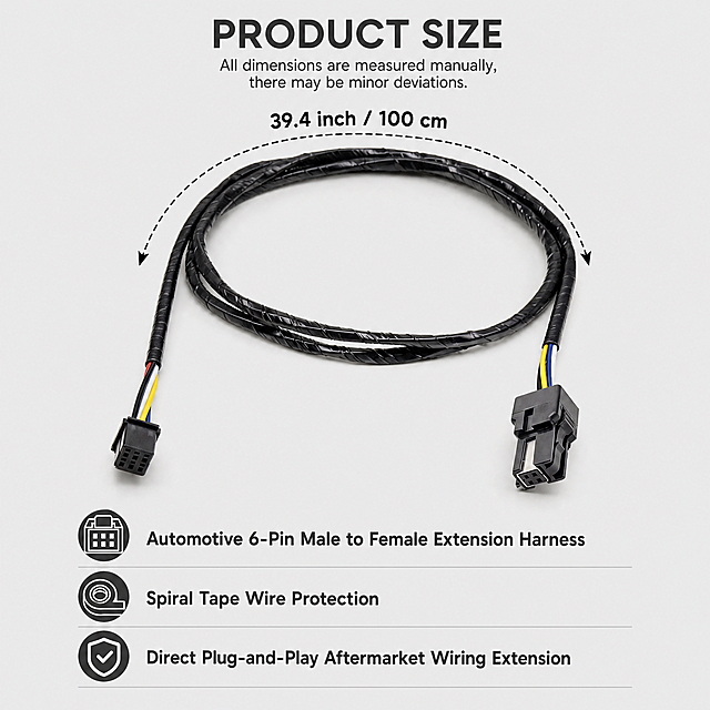 [Main Image 5] Product size specification. Keep original product appearance, add clear dimension labels in Inch and CM on light gray background: Length 39.4inch / 100cm. Add English specification notes: "Automotive 6-Pin Male to Female Extension Harness", "Spiral Tape Wire Protection", "Direct Plug-and-Play Aftermarket Wiring Extension". All text in English, clean layout. 1:1 square.