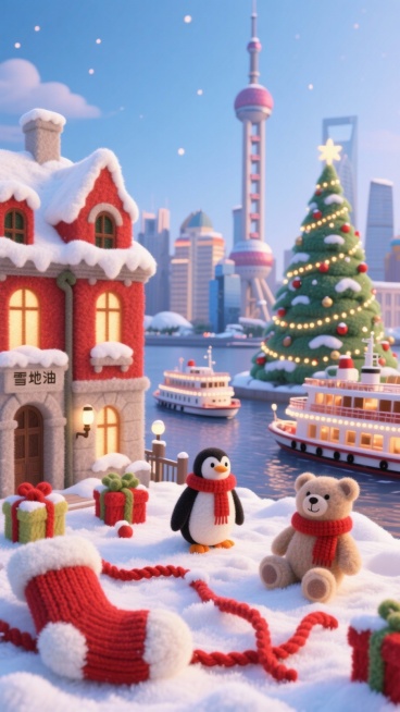 “东方明珠脚下是毛绒绒的白色‘雪地’，上面散落着红色的毛线编织圣诞袜、礼物盒和戴围巾的企鹅、小熊玩偶。江面上有几艘装饰圣诞灯带的复古游轮。外滩的万国建筑博览群屋顶覆盖着‘奶油’般的积雪，窗户透出温暖的预览效果