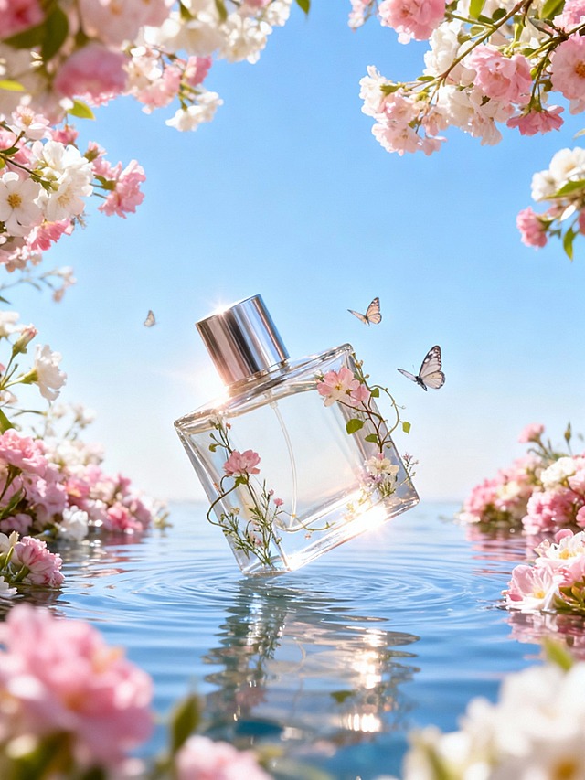 主体倾斜10度悬浮在水上（主体占画面比为30%），自然元素（花朵、藤蔓、小草）装饰主体，2只小蝴蝶环绕。画面结合光晕营造出梦幻、轻盈的氛围感，背景为渐变蓝天，大量粉白花丛、花朵漂浮在水面和空中，整个画面清透明亮，保证溶图效果。
