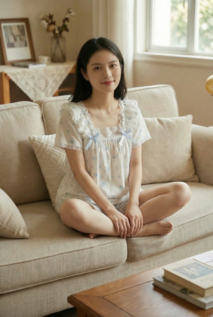 修改人物动作改为盘腿坐姿，姿态休闲松弛自然，让人物眼睛看向镜头，保留衣服的材质、细节、图案不变，保留日常家居环境，自然写实风格预览效果