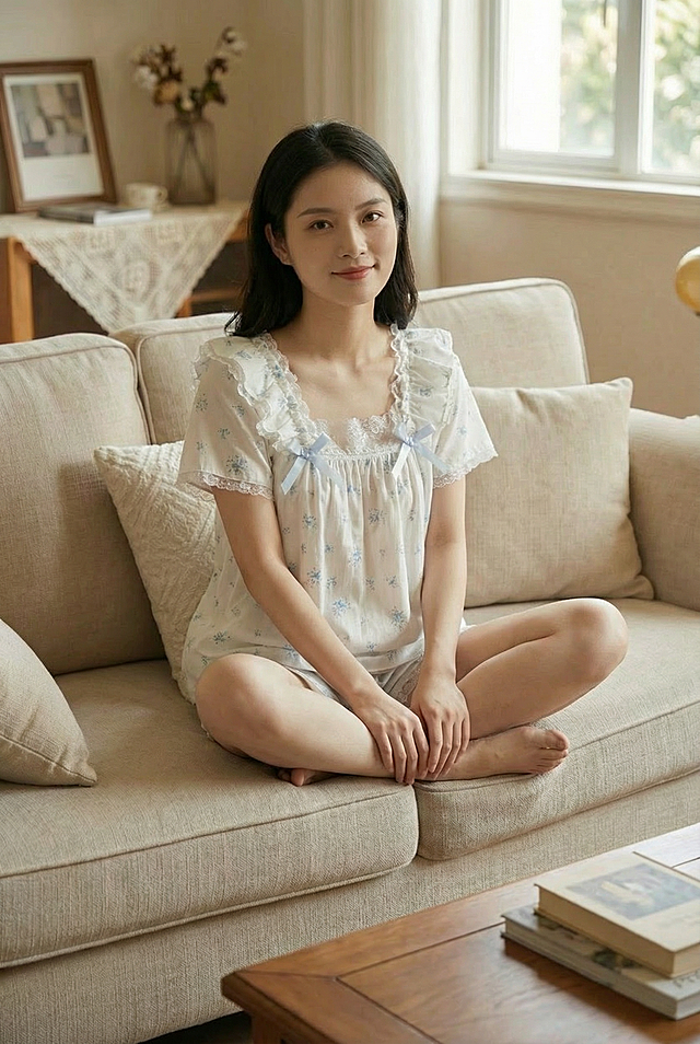 修改人物动作改为盘腿坐姿，姿态休闲松弛自然，让人物眼睛看向镜头，保留衣服的材质、细节、图案不变，保留日常家居环境，自然写实风格