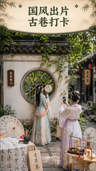 [第6屏] 国风打卡场景板块，顶部标题"国风出片 古巷打卡"，画面展示青果巷古风打卡场景，身穿汉服的游客在古巷花窗下拍照，周边配油纸伞、书法、团扇等国风道具，江南园林意境，国风氛围感拉满，真实自然场景预览效果