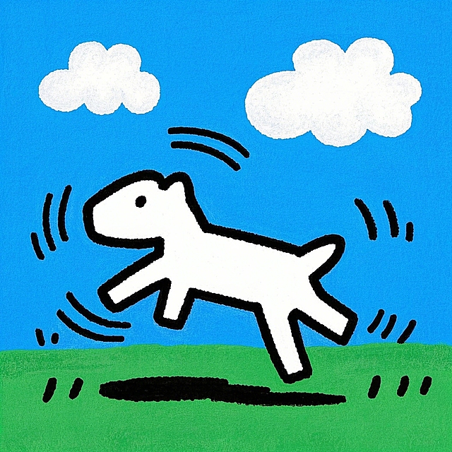 卡通感插画风，小狗跳跃，简洁线条展现活力与欢乐。