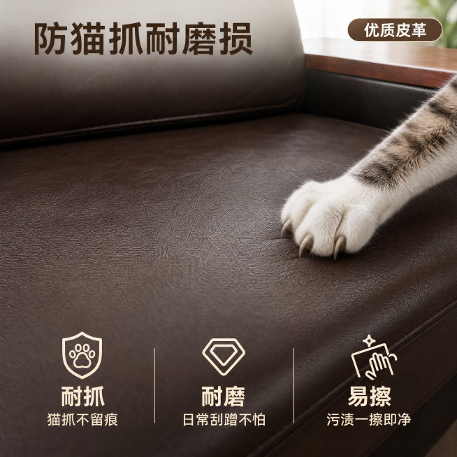 [主图-3] 材质细节-防猫抓耐磨损测试展示。保持这款深棕色皮革沙发坐垫外观、物理结构、材质质感、颜色与输入产品图绝对一致，杜绝任何变形和色差，精细化处理。氛围风格：真实测试特写展示，清晰直观。画质：预览效果