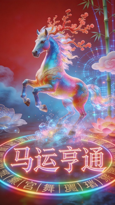 马年新春贺岁海报核心元素：主角描绘一匹幻彩流光的麒麟骏马，皮毛呈现珐琅彩渐变，踏破琉璃光波，鬃毛化作飞扬的珊瑚枝，彰显奇幻祥瑞之姿色彩基调：以荔枝红为基底，渲染孔雀蓝与宫粉渐变光雾，营造神秘而喜庆的元预览效果