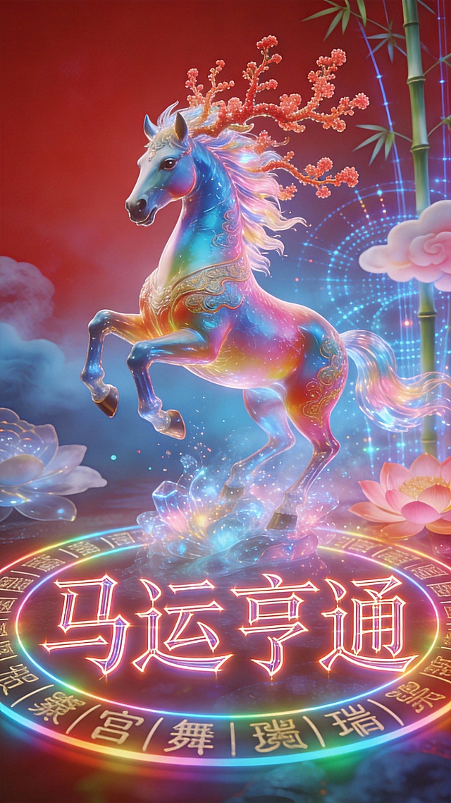 国潮风3D幻境，霓虹鎏金骏马腾跃于虚拟自然，融合中式祥瑞与未来科技，粒子光效环绕，唯美感与神秘感交织，寓意马运亨通。