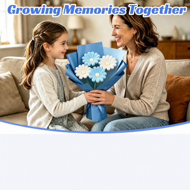 修改图中的花束，保留顶部文字Growing Memories Together和母女二人互动场景，仅修改花束为正好六朵花，移除花束里其他多余的花，整体风格和原图保持一致预览效果