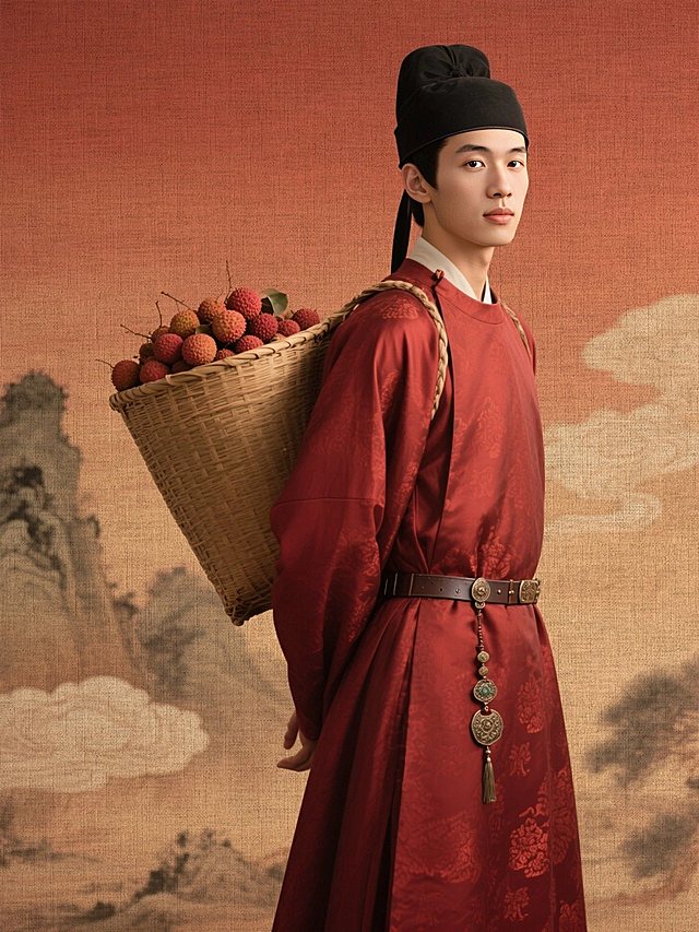 人物身穿唐代暗红色圆领袍，衣服上压同色丝绸暗纹，头戴黑色幞头，腰系革带配挂饰，身后背着一个装满荔枝的大竹筐，侧身站着，古风影视海报质感，暖棕红渐变背景，水墨山水云纹，浓郁的盛唐气息
