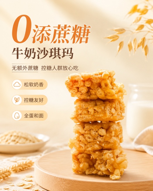 商品营销海报，产品为牛奶沙琪玛，100% 还原上传商品图的产品外形、结构、比例、材质质感、颜色，设计仅作用于背景、光影、道具、版式和文字区。风格为写实商业摄影，健康轻食风，整体暖调浅色系，突出食欲与健预览效果