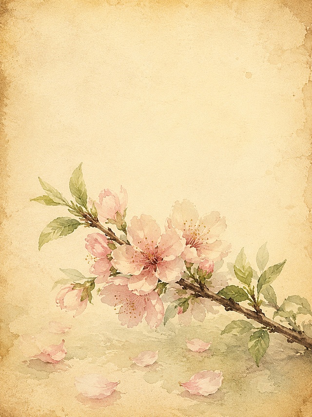 复古手绘水彩插画风格，细腻笔触，柔和晕染；背景为米色牛皮纸做旧底纹，边缘略泛黄，带轻微咖啡渍痕迹和岁月感；整体调性温柔怀念，有沉淀感，低饱和莫兰迪色系，暖调复古信纸感；构图主体居中偏下，上方约三分之一保留干净留白用于后期添加文字，无人物面部特写，无任何文字或字母，无华丽装饰边框，无擦边元素，无emo悲伤氛围，风格接近老式明信片、手账插画、民国信笺画；主体是一枝斜横构图的盛开桃花，包含3到5朵粉白色桃花，花瓣呈现半透明水彩质感，几片嫩绿新叶穿插其间，几片花瓣正从枝头飘落到画面下方；色调为粉白+浅绿+米黄，呈现春日午后柔光氛围，营造初见的温柔、微风轻拂的感觉