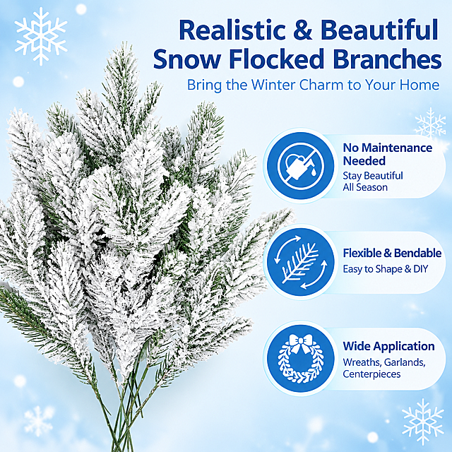 Temu e-commerce product selling image, 1:1 square ratio, benefit-focused design. The snow flocked artificial pine branches from the reference image on the left side. On the right side, 3 key benefit icons with English text: 1. 'No Maintenance Needed - Stay Beautiful All Season', 2. 'Flexible & Bendable - Easy to Shape & DIY', 3. 'Wide Application - Wreaths, Garlands, Centerpieces'. Light blue gradient winter background, clean modern layout, bold clear typography. Professional e-commerce graphic design, high contrast, easy to read on mobile.