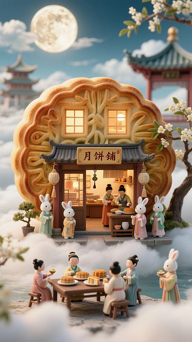 店铺是一个巨大月饼形状，月饼有窗户，招牌写“月饼铺”，门口挂着的香囊，屋内透出暖光。店铺在云上，背景是天宫，点缀宫阙、月亮、桂花。穿着汉服的小玉兔，有站在店门口的，还有在店内忙碌的，有人在店外桌边吃月饼