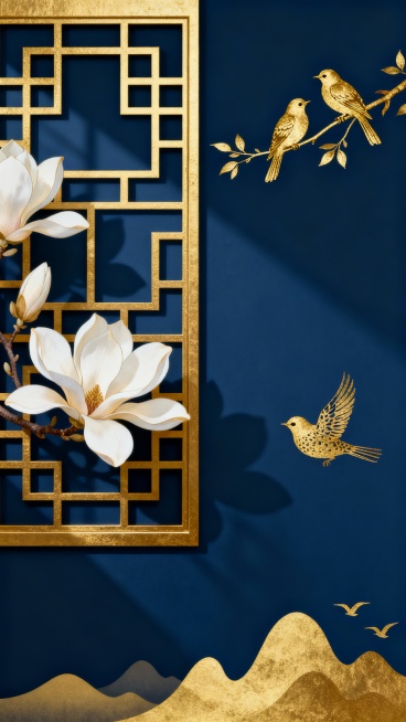 深蓝色背景上，左侧是金色的传统中式几何镂空窗棂，窗棂前有盛开的白色玉兰花枝，右侧上方有金色的细树枝，枝头栖息着两只金色小鸟，底部是金色的波浪形山峦剪影，远处有几只飞鸟点缀，整体呈现出典雅的新中式风格，色彩以深蓝与金色为主，营造出宁静而庄重的氛围，具有浓厚的中国传统文化韵味和精致的设计感。预览效果