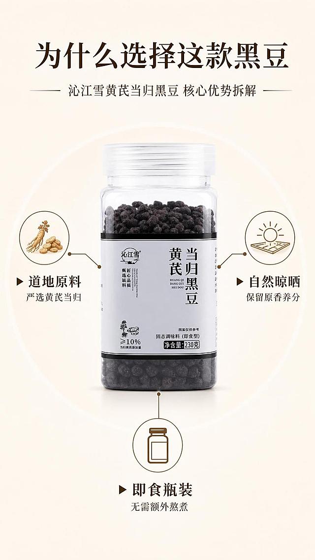 [第6屏] 卖点拆解屏-沁江雪黄芪当归黑豆核心优势拆解。本屏使用【图1】作为产品主体。
[氛围/风格] 清晰信息排版，简约干净，专业可信的养生产品风格。
[元素布局] 产品居中放置，三个卖点从三个方向引线标注，每个卖点占据独立区域，分别为原料甄选、工艺晾晒、即食方便三个维度；产品占据中心位置，占比约50%，卖点区域均匀分布在周围。
[光影质感] 均匀柔光照明，整体明暗协调，产品清晰突出。
[配色色系] 全局底色 #F5F2EB；主色产品深褐；辅助色浅棕引线、深棕色文字。
[视角构图] 中心产品辐射型构图，信息层级清晰，阅读顺序流畅。
[文字版式] 顶部主标题「为什么选择这款黑豆」，每个卖点引线标注短标题+短句说明：「▶ 道地原料 严选黄芪当归」「▶ 自然晾晒 保留原香养分」「▶ 即食瓶装 无需额外熬煮」；字体保持温润宋体，信息层次分明。
[比例分辨率] 9:16 竖版比例，4K 分辨率，文字清晰可辨，高清画质。
[负向提示词] 产品变形，引线错乱，文字模糊，排版拥挤，背景杂乱