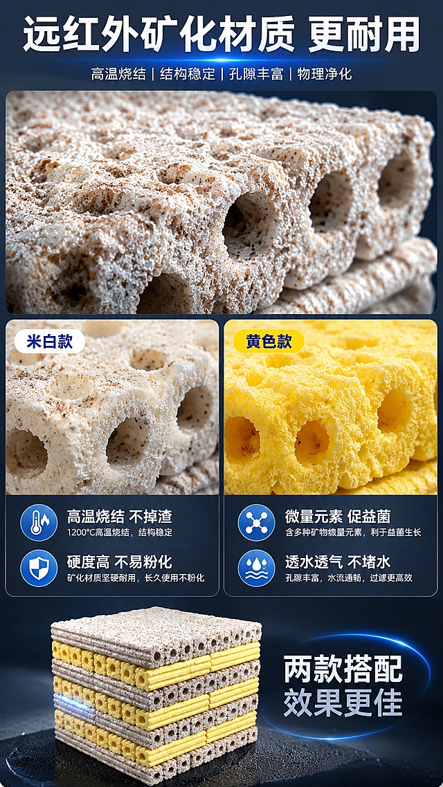 [第5屏] 详情页材质细节-细菌屋矿化材质微距特写与性能。本屏使用【图1】作为产品主体。
[氛围/风格] 材质微距风，高级质感，细节满满，商业摄影质感。
[元素布局] 画面上半部分为细菌屋表面微距特写，展示粗糙多孔的矿化材质纹理；下半部分左右分栏，左侧展示米白色款材质细节，右侧展示黄色款材质细节；底部放置完整滤材堆叠小图，占比约20%；材质纹理、颜色与输入图一致。
[光影质感] 侧逆光勾勒孔隙边缘，突出材质粗糙质感和立体孔隙，明暗层次丰富，细节清晰。
[配色色系] 全局底色 #2c3e50 深灰蓝；主色材质本色（米白+米黄）；辅助色科技蓝、白色。
[视角构图] 微距特写+细节分栏，阅读动线顶部微距 → 中部双款对比 → 底部产品全貌。
[文字版式] 顶部主标题「远红外矿化材质 更耐用」，白色粗黑体；左侧米白款配图标+文字「高温烧结 不掉渣」「硬度高 不易粉化」；右侧黄色款配图标+文字「微量元素 促益菌」「透水透气 不堵水」；底部标注「两款搭配 效果更佳」。
[比例分辨率] 9:16 竖版比例，4K 分辨率，文字清晰可辨，高清画质。
[负向提示词] 变形，水印，文字错乱，文字过小，结构错误，颜色偏差，产品图模糊，背景杂乱。