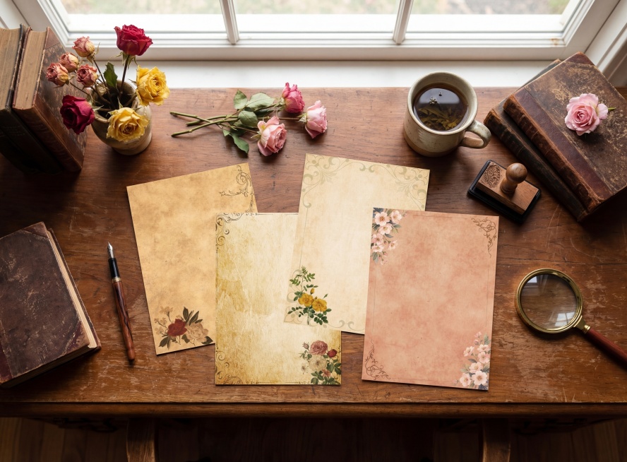 临窗的复古木质书桌，自然光洒入，将提供的复古花卉信纸平铺在桌面上；周围摆放着钢笔、几束复古玫瑰花、复古书本、泡有茶叶的陶瓷马克杯、木质印章与金属放大镜。写实治愈系生活摄影风格，高空俯视构图，轻微浅景深预览效果