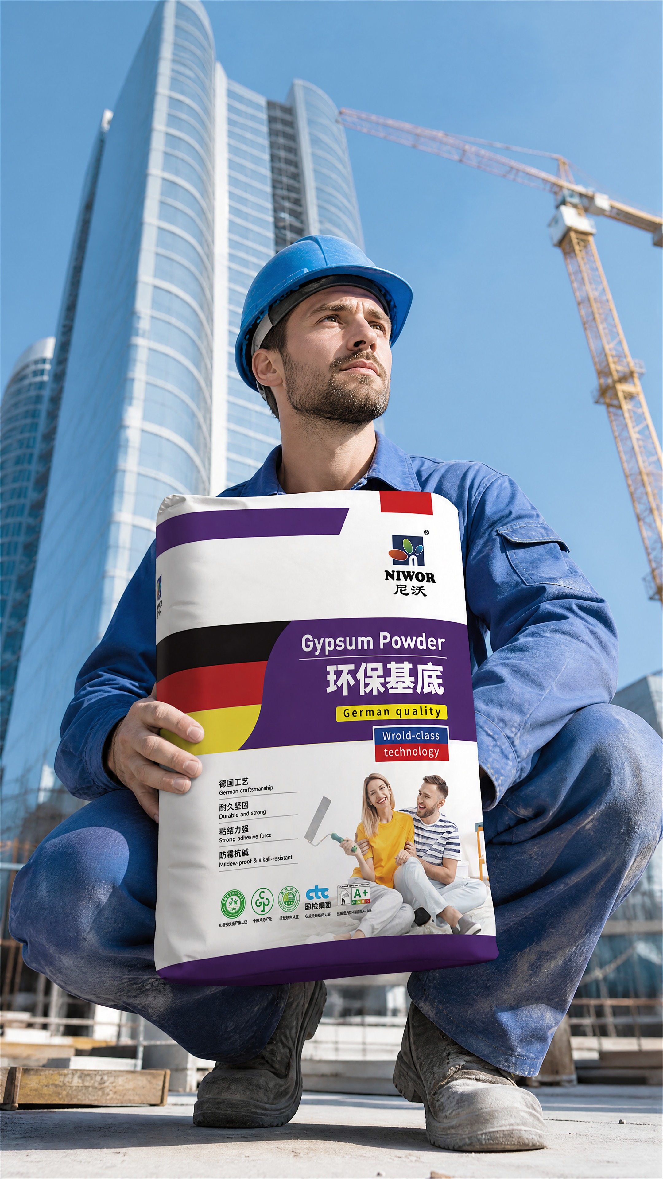 竖版国际建材商业广告摄影，中景取景，略微低角度仰拍视角。晴朗白… - 图片创意预览