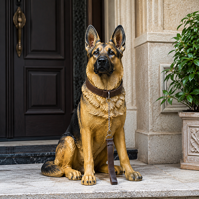 高度还原德国牧羊犬狼犬矫健体态，神态威严锐利，线条硬朗流畅，象征忠诚守护，可用于庭院、入户门口、花园、阳台、别墅造景镇宅装饰摆件，寓意忠诚平安，大气格调