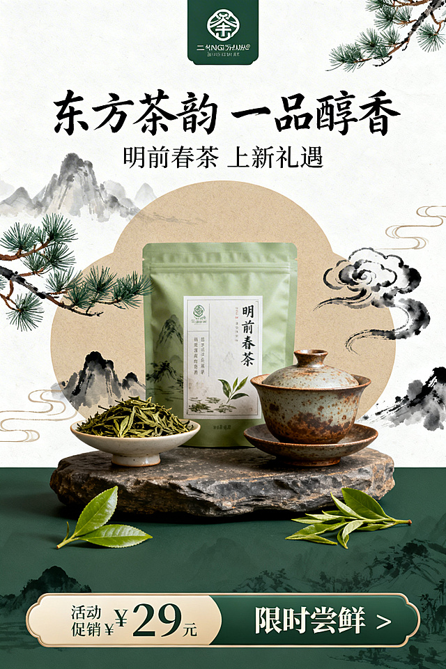新中式茶叶宣传竖版海报，整体为雅致东方美学风格。顶部放置品牌logo，主标题为“东方茶韵 一品醇香”，字体采用古风书法字体，搭配副标题“明前春茶 上新礼遇”。画面中心主体展示茶叶产品和古朴的陶瓷茶具，周围点缀山水、松枝、水墨云纹、茶叶元素作为装饰，背景采用米白+浅棕+墨绿的传统国风配色，营造清雅沉静的茶文化氛围。底部区域设置通栏，标注活动价格和“限时尝鲜”相关促销信息，所有文字清晰醒目，元素布局符合竖版海报排版规范，文字不遮挡产品主体。