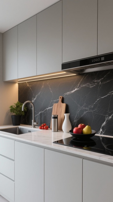极简主义风格厨房室内设计，整体采用现代简约美学，以黑白灰为主色调，搭配深灰色大理石纹理台面和黑色大理石纹背景墙，上部为浅灰色哑光橱柜，下部为白色哑光柜门，台面中央嵌入式黑色电磁炉，台面上左侧放置一个黑预览效果