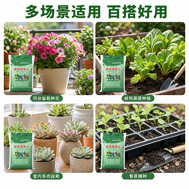 [主图-4] 有机营养土多场景适配展示。
[氛围风格] 生活化园艺场景风；
[画质] 商业摄影质感、光线柔和通透、产品清晰真实、画面干净高级。
[元素] 四宫格场景拼图，分别展示：阳台盆栽种花、庭院蔬菜种植、室内多肉盆栽、育苗播种四个应用场景，每个场景都使用本款有机营养土，产品包装在角落做标识。保持产品包装外观与输入图片绝对一致，杜绝任何变形和色差，精细化处理。四个场景卡片统一圆角设计，底色干净简约。
[光影] 自然明亮光线，每个场景都清晰自然，氛围真实舒适。
[配色] 整体以植物绿色为主，自然清新贴近生活。
[视角构图] 四宫格均分排版，每个场景一张图，布局整齐美观。
[文字版式] 顶部大标题“多场景适用 百搭好用”绿色粗体；每个场景卡片下方标注场景名称，文字简洁小巧不抢主体。
[比例分辨率] 1:1 比例，4k 分辨率；文字清晰锐利，画面超高清。
[负向提示词] 变形，水印，文字错乱，产品图模糊，背景杂乱
