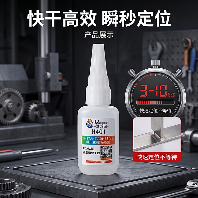 [主图 2] 快干胶核心快干效率卖点展示，电商工业风。
[氛围风格] 专业测试硬核工业风；
[画质] 商业摄影质感、光线清晰锐利、产品真实突出、画面干净高级。
[元素] 卫力固H401快干胶产品居中摆放，保持产品外观（瓶身形状、标签文字、颜色质感）与输入产品图绝对一致，杜绝任何变形和色差，精细化处理。背景为深灰工业测试台面，右侧放置计时秒表示意图，标注3-10秒快速固化演示，左侧产品，右侧测试场景，整体分布均衡，商品主体占比约60%，画面满屏无边框。
[光影] 顶侧柔光，清晰突出产品和测试装置，阴影硬朗有工业感。
[配色] 深灰主调，红色点缀计时数字，对比清晰。
[视角构图] 平视中心构图，主体突出。
[文字版式] 顶部大标题 "快干高效 瞬秒定位"，白色粗体居中；右下角大字标注 "3-10秒"，红色粗体非常醒目，下方小字说明 "快速定位不等待"。整体文字不遮挡产品主体，左上方放置产品展示。
[比例分辨率] 1:1 比例，2k 分辨率；文字清晰可辨，超高清。
[负向提示词] 变形，水印，文字错乱，产品图模糊，背景杂乱，遮挡主体
