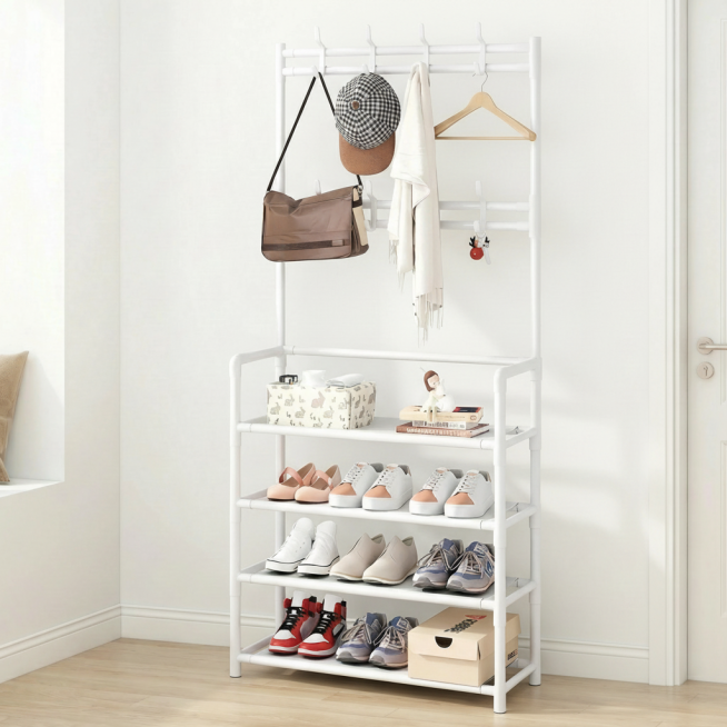 以图1为背景，对后续图片分别进行溶图操作，不要改变后续图片中鞋帽架的结构、层数、材质、比例预览效果