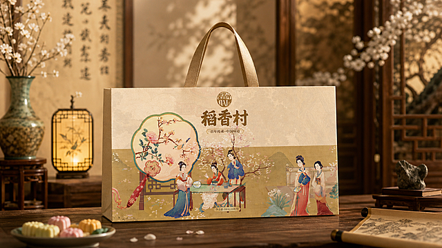根据这张稻香村刀版图，生成展开后的平口手提袋实物展示图，手提袋保留原刀版图上的国风仕女花卉图案和稻香村文字标识，背景使用典雅高级的古风质感场景，展示手提袋，整体风格高级有质感，背景丰富有层次