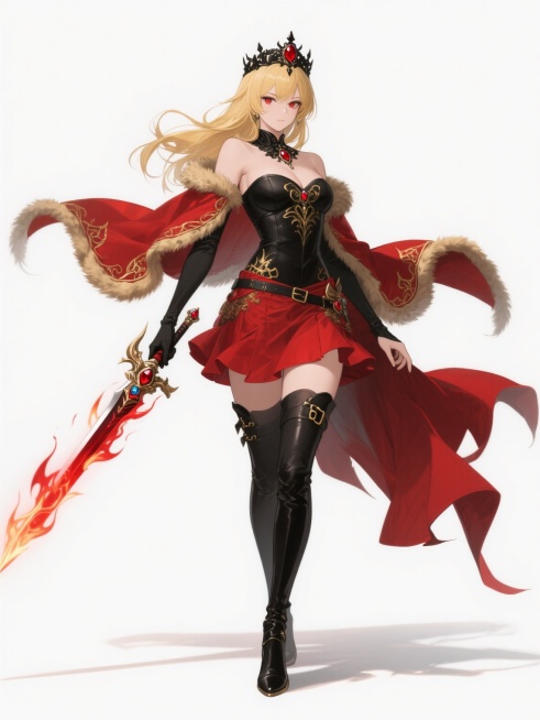 二次元动漫风格立绘，白色背景，一位身着红色与黑色为主色调华丽服饰的女性角色，她有着金色的长发，头戴带有红色宝石的黑色发冠，眼神锐利而自信。上身为黑色紧身露肩上衣，点缀金色花纹，外披红色金边披风，披风边缘有毛绒装饰。下身为高腰红色短裙，裙摆呈不规则层叠设计，搭配黑色过膝长靴，靴筒有金色扣带。手中持有一把燃烧着红色火焰的长剑，剑柄华丽镶嵌宝石。整体造型充满力量感与高贵气质，线条流畅，色彩对比强烈，……预览效果