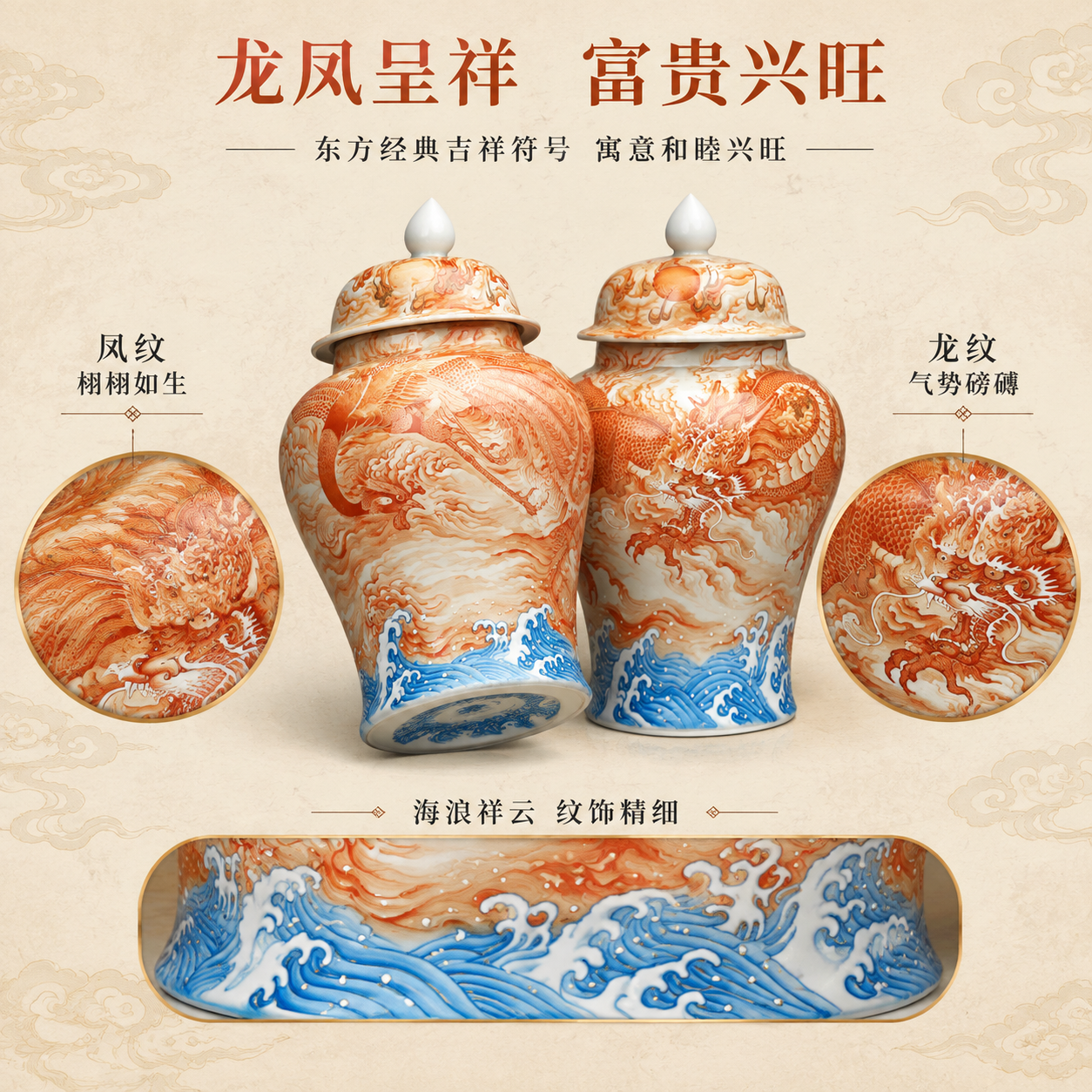 [主图-3] 寓意与器型展示 龙凤呈祥吉祥寓意 将军罐经典器型… - 图片创意预览