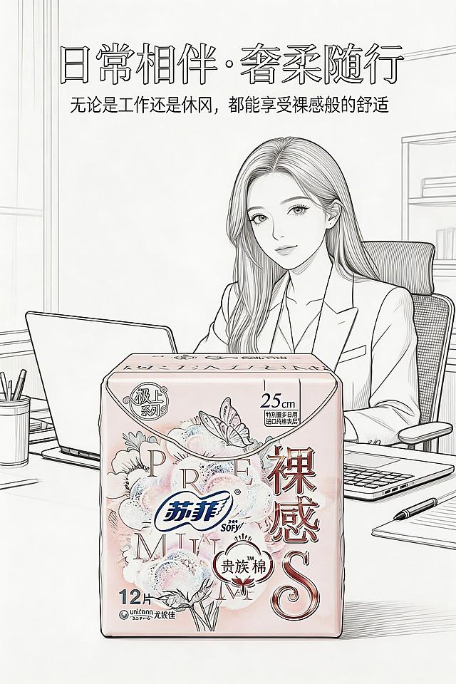 2:3竖屏，高端插画风线稿，现代主义轻奢风格，杂志级精致排版。严格还原上传的苏菲裸感S贵族棉卫生巾产品图，包括包装设计、颜色、LOGO位置、文字内容、图案元素等所有细节，产品外观必须与参考图完全一致，不得改变包装设计、配色方案或品牌元素，保持产品的轮廓特征。画面为年轻都市女性在办公室或卧室的日常线稿场景，产品包装置于桌面或包中的线稿，主标题为「日常相伴 · 奢柔随行」，副标题为「无论是工作还是休闲，都能享受裸感般的舒适」，文字排版采用优雅衬线字体的线稿样式，整体风格轻奢日常，仅呈现线稿草图。