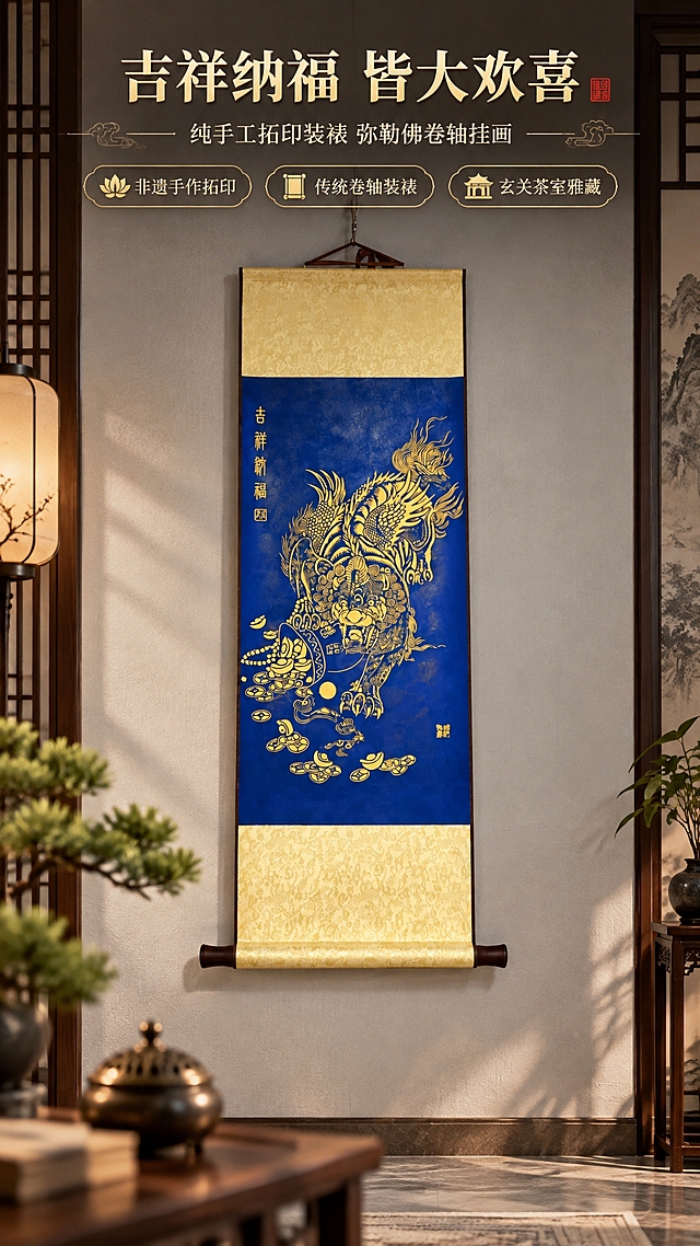 [商品] 使用【图1】弥勒佛皆大欢喜手工装裱卷轴挂画；保留宝蓝色底、金色拓印瑞兽纹样、米黄色绫绢天地头、深棕色木质天地杆、整体竖版卷轴形制与画中文字印章；商品处理：去除背景中的白色插座与下方画框，修复画面边缘瑕疵，保持卷轴比例与纹样细节不变，增强金纹光泽与绫绢纹理质感。
[画面] 页面目标：氛围头图，建立吉祥纳福的第一视觉印象；构图：竖版居中偏上，卷轴完整悬挂展示，产品占画面约60%；主体角度：正面微仰视；景别：全景带环境；阅读动线：自上而下，上方留白放主标题，下方点缀装饰元素；前中后景：前景虚化中式案几一角，中景卷轴挂画主体，后景新中式浅灰墙面+柔和侧光；场景：新中式玄关空间，静谧雅致。
[视觉] 套系策略：风格=东方雅致新中式商业摄影；标题字=宋体加粗带衬线，典雅大气；正文字=简洁黑体；主色=宝蓝+烫金；背景延展=基于宝蓝与米金做深浅层级、同色渐变与宣纸/绫绢纹理质感；强调色=朱砂红，仅用于小面积印章、引线和标签点缀；标题色=烫金色；正文色=深炭灰；组件=圆角金线信息卡、细线引线、祥云纹样点缀；光影=左前侧暖柔光，右侧柔和补光，金纹处有细腻高光。
[文字] 主标题：吉祥纳福 皆大欢喜；副标题：纯手工拓印装裱 弥勒佛卷轴挂画；3个短卖点：非遗手作拓印 / 传统卷轴装裱 / 玄关茶室雅藏；文字位于画面上方留白处，横向排版，不遮挡卷轴主体纹样与天地杆。
[规格] 图片比例9:16竖版，2K分辨率，避免变形、错字、文字过小、冷蓝灰背景、纹样失真、卷轴比例改变、出现插座等杂物。