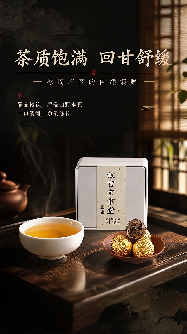 [商品] 使用【图5】茶汤+【图6】茶盒龙珠组合；保留白瓷杯茶汤的金黄色泽、茶盒的白色哑光质感、龙珠的金箔与干茶细节；盒子上「故宫宝聿堂」文字方向和排版保持不变。
[画面] 第6张·口感体验，目标是传递静品慢饮的生活方式与回甘口感。画面为中式茶席场景：深色木质茶桌上，一只白瓷杯盛着金黄茶汤，旁边摆放茶盒和赭石色小碟中的龙珠；背景有虚化的竹帘或窗格光影，一缕茶香袅袅；整体氛围宁静雅致，有东方文人茶事的意境；产品占画面约50%。
[视觉] 套系策略：风格=东方雅致新中式高端茶系商业摄影；标题字=参考图7图8的书法风格宋体/楷体大字，笔画有毛笔质感；正文字=优雅细衬线宋体；主色=深墨黑+米白宣纸色；背景延展=基于深墨黑做渐变层次、水墨晕染纹理、暗金细边点缀；强调色=暗金色，仅用于小面积分隔线、印章图标、标签底纹；标题色=米白宣纸色；正文色=浅米灰；组件=细暗金横线、红色小印章图标、宣纸质感信息卡；光影=窗边自然光，柔和侧光，茶席有温暖的光影层次。
[文字] 上方主标题「茶质饱满 回甘舒缓」，副标题「冰岛产区的自然馈赠」；下方配2行短句：「静品慢饮，感受山野本真」「一口清甜，余韵悠长」；文字全部横向排版，位于画面上方留白处。
[规格] 图片比例9:16竖版，4K分辨率，负向提示：避免现代感家具、盒子文字变形、文字竖排、人物出现、冷蓝色调。