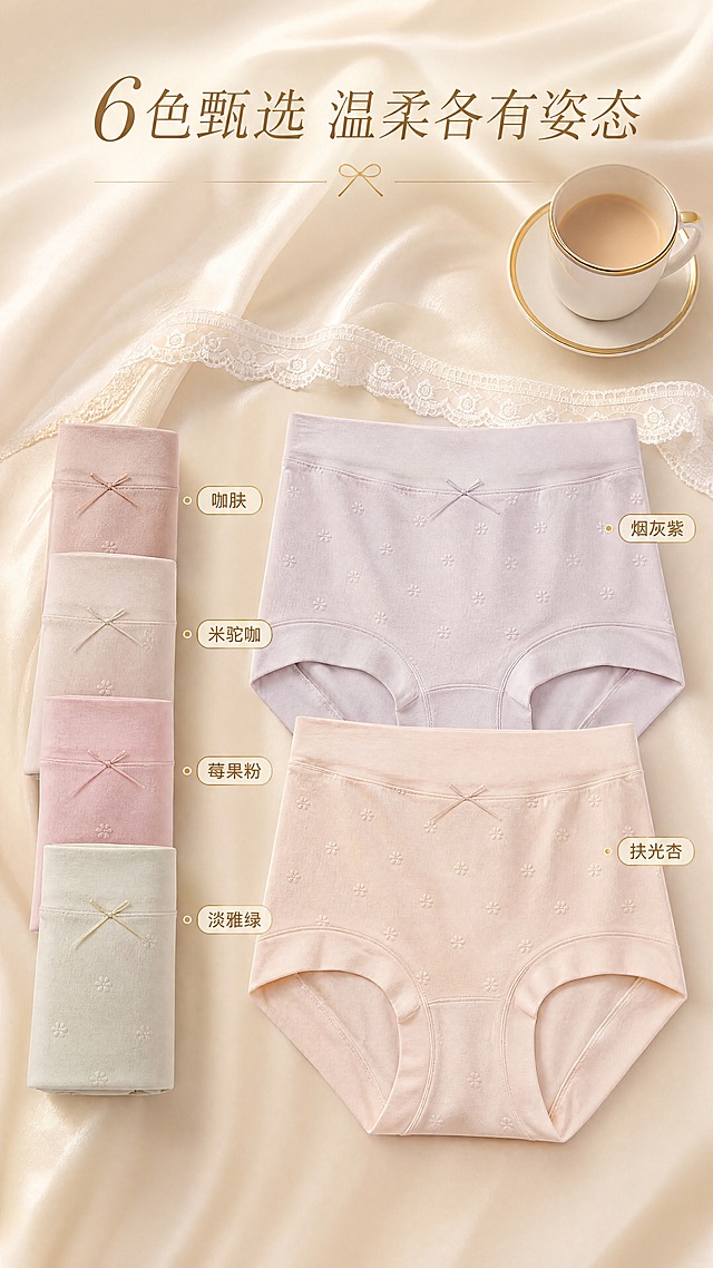 [商品] 使用【图5】高腰提花女士内裤多色展示图，保留左侧四卷叠放的内裤（淡雅绿/莓果粉/米驼咖/咖肤）和右侧两条展开的内裤（烟灰紫/扶光杏）的结构、颜色、小花提花和蝴蝶结；去除原图所有文字、色名标签、参数文字和底部"CAITIAN彩田"Logo；保留每款颜色的准确色调，增强面料质感，理顺褶皱。
[画面] 目标：多色系列全家福页，展示6色可选。构图：竖版9:16，左侧为4卷竖排的内裤色卡（从上到下：咖肤、米驼咖、莓果粉、淡雅绿），右侧为2条展开的内裤主展示（烟灰紫在上、扶光杏在下），产品占画面70%。顶部文字区，底部留白。背景为浅米色绸缎+蕾丝花边，金边咖啡杯点缀，整体和谐统一。
[视觉] 套系策略：风格=高级轻奢女性内衣服饰商业摄影；标题字=纤细优雅衬线体+轻描边；正文字=简洁无衬线体；主色=浅米色（奶油米白）；背景延展=基于浅米色做深浅层级渐变、绸缎光泽质感和同色系柔和过渡；强调色=香槟金色，仅用于色名标签边框和装饰线；标题色=暖棕金色；正文色=暖灰棕色；组件=金色圆角色名标签、细线分隔、精致小图标；光影=左前侧暖柔漫射光，每款颜色准确还原。
[文字] 顶部主标题"6色甄选 温柔各有姿态"，每款内裤旁配金色圆角小标签标注色名：扶光杏、淡雅绿、莓果粉、米驼咖、咖肤、烟灰紫，全部横排，标签位置不遮挡内裤主体。
[规格] 图片比例9:16竖版，4K，负向提示：避免变形、错字、文字过小、冷蓝/冷灰背景、内裤颜色改变、版型失真、彩田Logo、水印、二维码、绝对化用语。