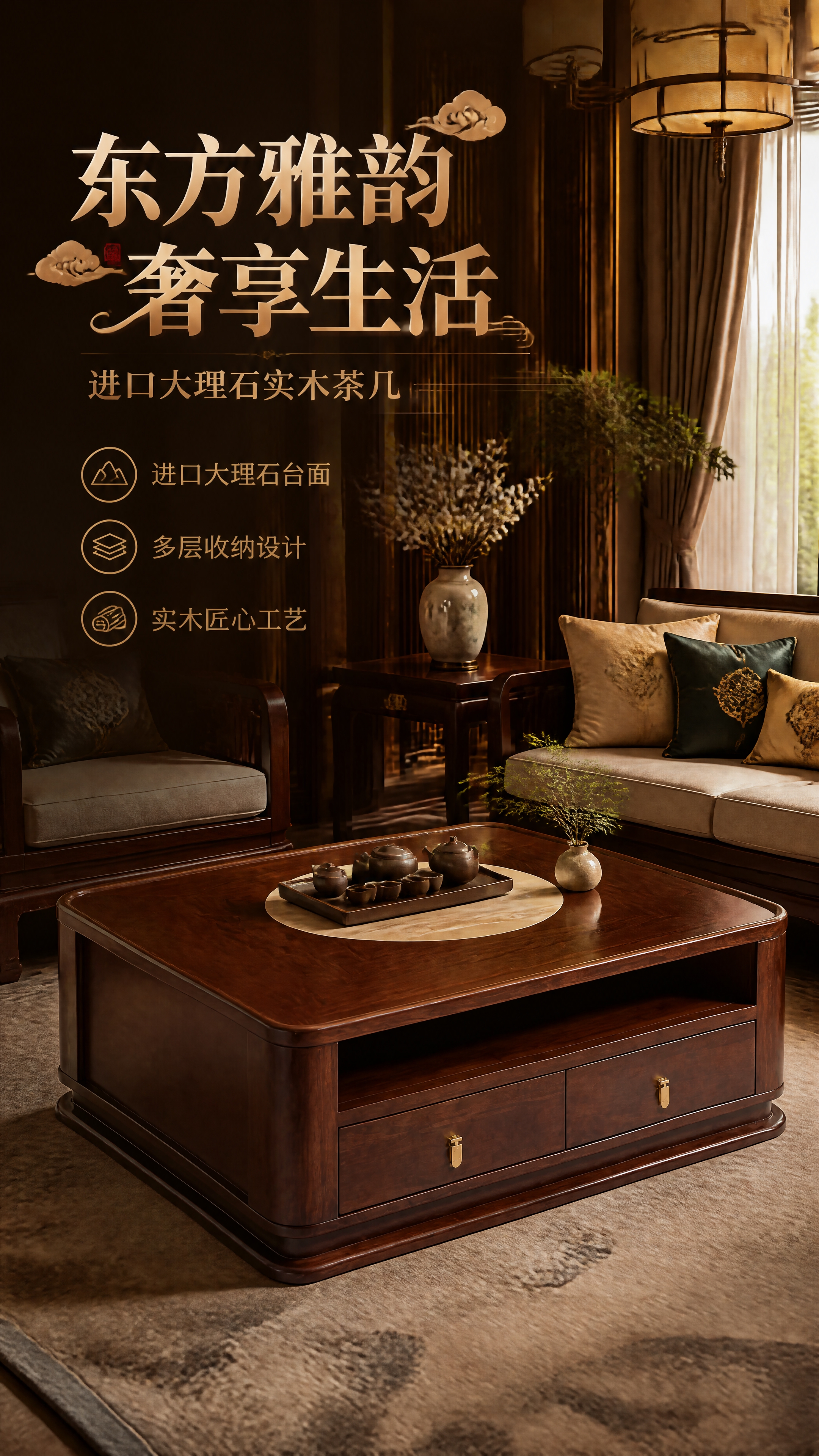 [第1张] 详情页头图-新中式进口大理石实木茶几奢华客厅主视觉… - 图片创意预览