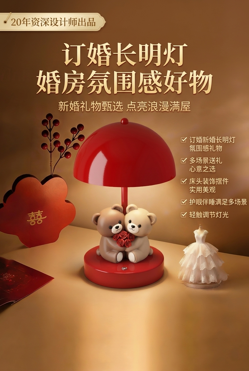 天猫详情首屏，红色订婚新婚长明灯台灯，主体为两只抱花小熊设计，… - 图片创意预览