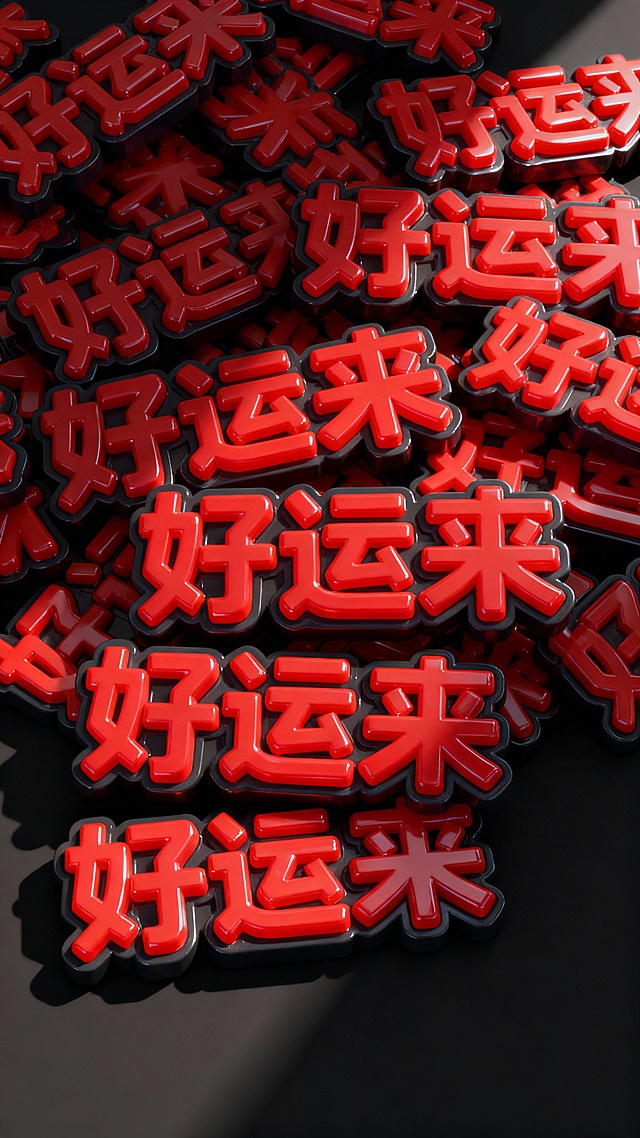 3D立体文字设计，众多"好运来"字样以堆叠交错的方式排列，文字主体为鲜艳的红色，边缘有深色描边增强立体感，文字表面呈现光滑的塑料质感并带有细微光泽，整体保持紧密的视觉密度，背景为纯黑色，光线从斜上方照射形成明显的明暗对比和清晰阴影，营造出饱满、喜庆且富有冲击力的视觉效果。